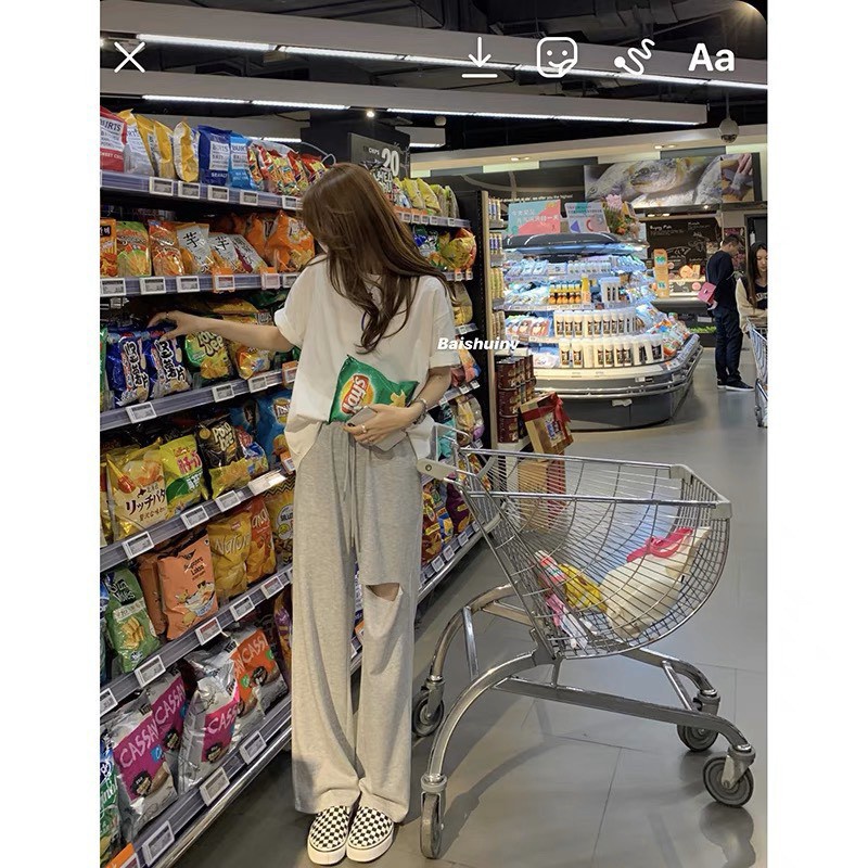 Quần Ống Rộng Rách Gối Dành Cho Nữ 2 Màu Đen Xám, Baggy Cạp Cao Siêu Sexy