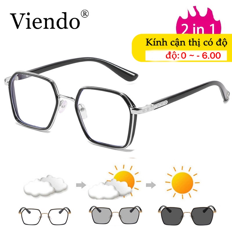 Kính cận VIENDO gọng đa giác đổi màu chống ánh sáng xanh chống tia UV cao cấp thời trang cho nam và nữ