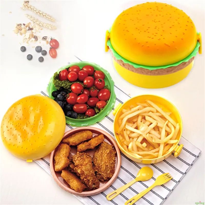 ⚡VẬN CHUYỂN NHANH CHÓNG⚡⚡ Hộp Cơm Hamburger Hai Tầng Burger Dễ Thương Hộp Cơm Bento Dung Tích Lớn Hộp Đựng Thức Ăn Bằng Lò Vi Sóng Bộ Đồ Ăn Nĩa Ngăn Cú