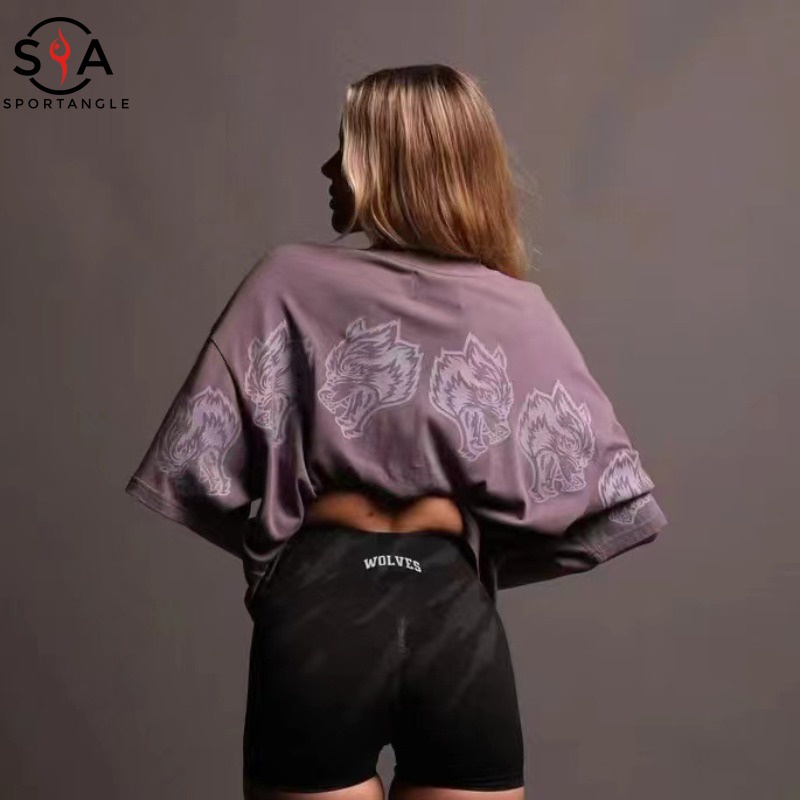 Thể thao thiên thần thể thao t-shirt wolf head fitness loose yoga print short sleeve pure cotton long top
