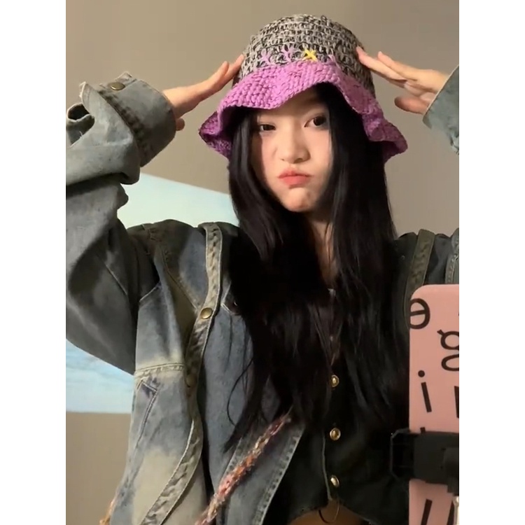 Mũ len mùa đông chu vi đầu lớn nữ hiển thị khuôn mặt nhỏ đầy màu sắc sọc mũ xô nhỏ hoa cọc mũ ấm lạnh tất cả