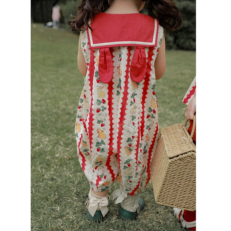 Quần áo trẻ em cô gái jumpsuit quần áo trẻ em cô gái jumpsuit không tay 2023 mùa hè phong cách mới bé dễ thương bunny in jumpsuit