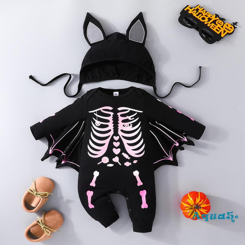 Aqua-baby halloween bat rompers trẻ sơ sinh bé trai cô gái bộ xương in bodysuit dài tay có mũ trang phục áo liền quần sơ sinh