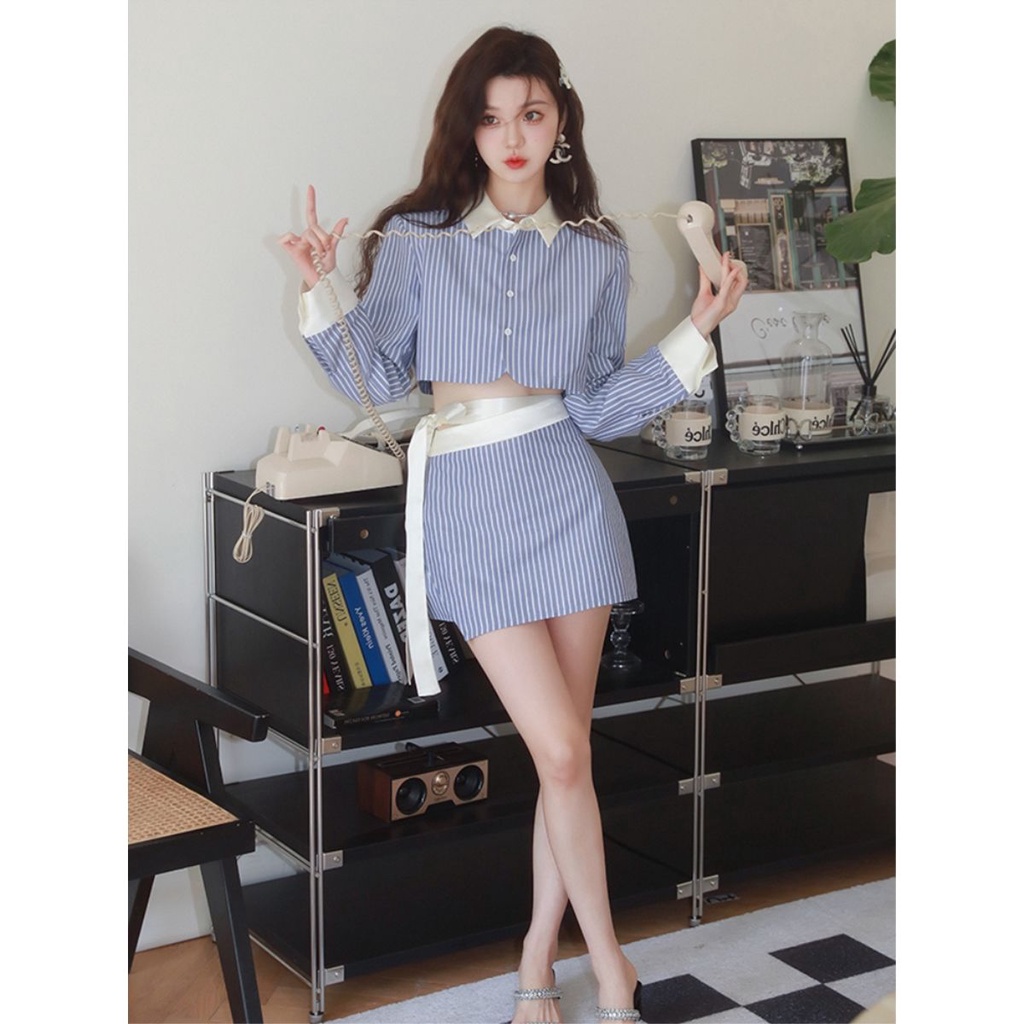 Set Áo Sơ Mi Kẻ Sọc Xanh Dương Phối Chân Váy Lưng Cao Thời Trang Mùa Thu Hàn Quốc 2023