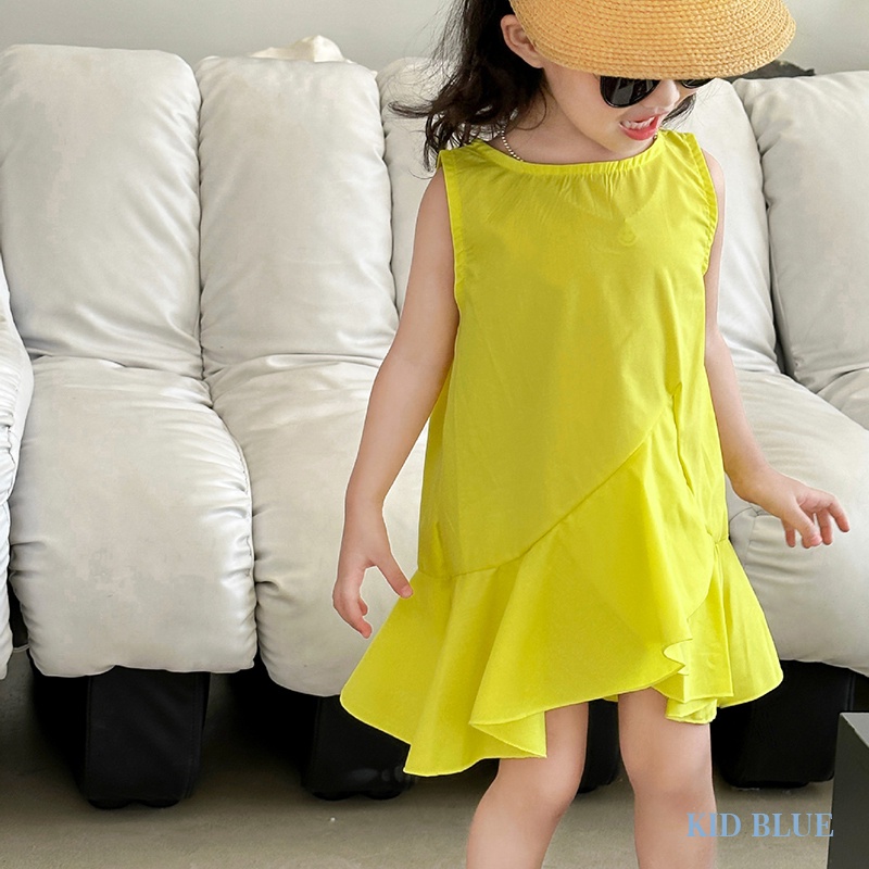 Phiên bản hàn quốc cô gái mùa hè cổ tròn không tay màu rắn váy thiết kế viền xếp nếp