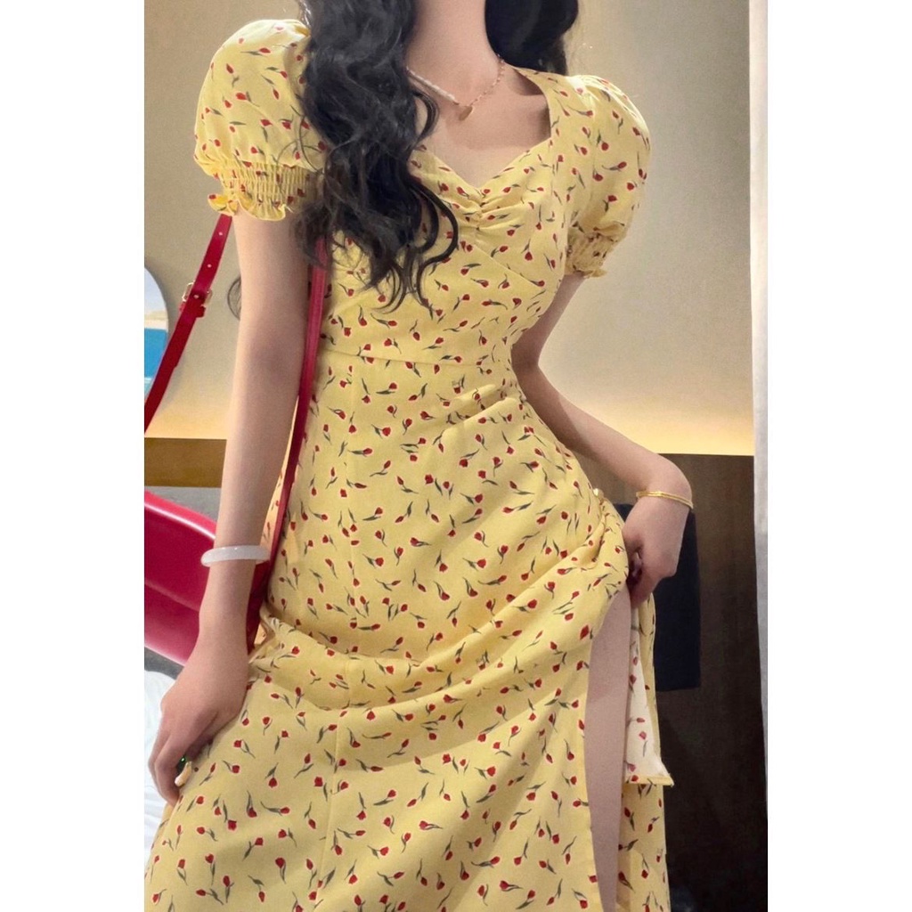 Đầm Hoa Cổ Vuông Phong Cách Retro Pháp Thời Trang Xuân Hè 2023 Mới