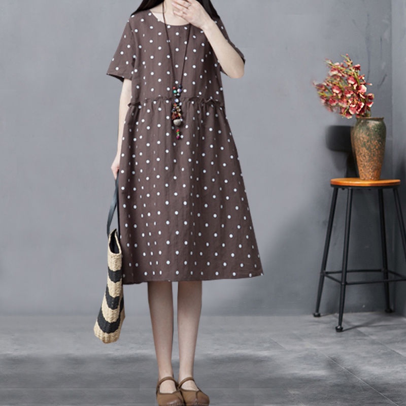 Bình Nước Giữ Nhiệt B43738 B43738# Đầm Cotton Lanh Tay Ngắn Plus Size Họa Tiết Chấm Bi Phong Cách Hàn Quốc Thời Trang Mùa Hè Cho Mẹ Bầu
