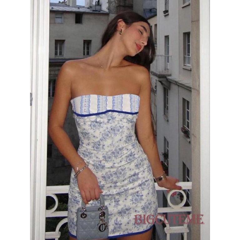 [] Đầm Ngắn Trễ Vai Không Dây Phối Họa Tiết Hoa Màu Xanh Dương-Trắng Thời Trang Mùa Hè Dành Cho Nữ