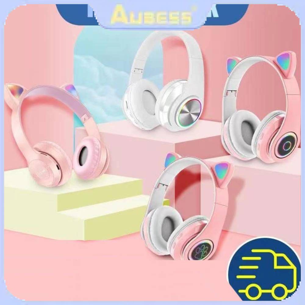ISee Tai Nghe Bluetooth Tai Mèo Dễ Thương Màu Hồng Có Mic Tai Nghe Không Dây Bluetooth Tai Nghe Chơi Game Micrô Tai Nghe Đèn LED Quà Tặng Cô Bé Không Gây Nhiễu 【Aubess. Life. Store】