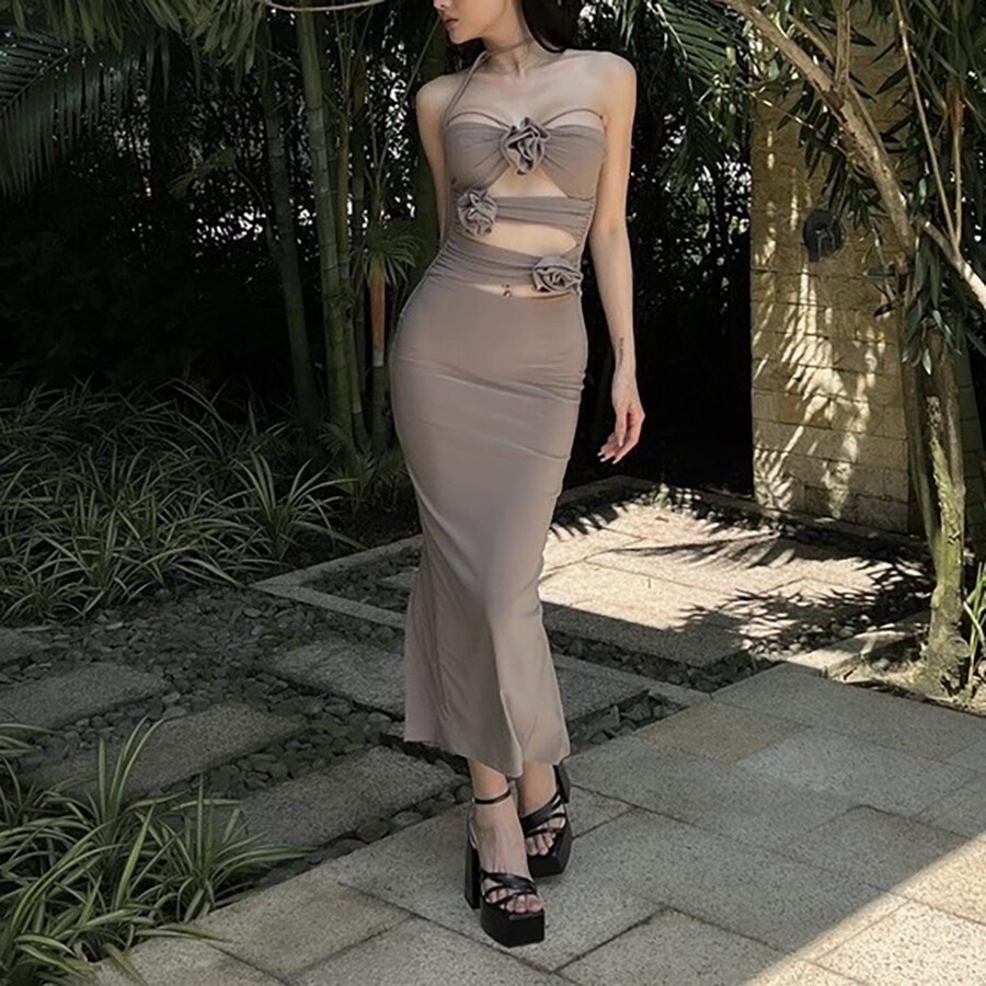Klalien Đầm Maxi Ôm Dáng Không Tay Thanh Lịch Quyến Rũ Phong Cách Pháp