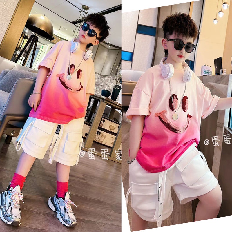 Áo Thun Cotton Ngắn Tay In Hình Mặt Cười Màu Gradient Thời Trang Mùa Hè Cho Bé Trai
