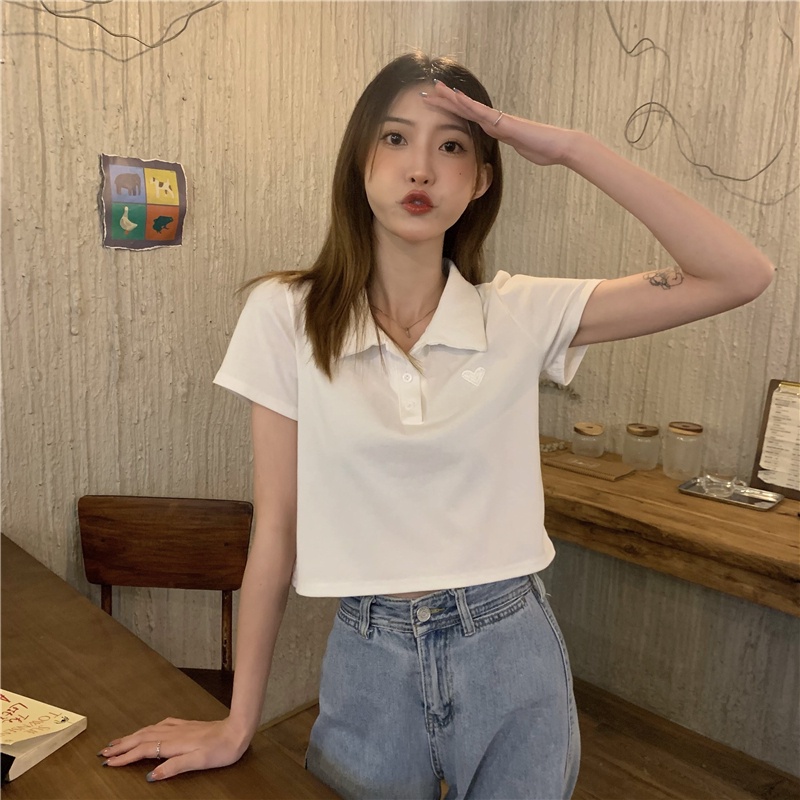 Áo polo Ngắn Tay Thêu Họa Tiết Trái Tim Xinh Xắn Theo Phong Cách Mùa Hè