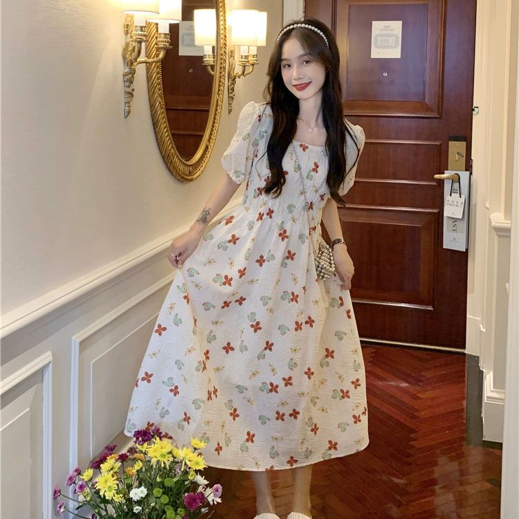 Đầm Cổ Vuông Tay Phồng In Họa Tiết Phong Cách Hàn Quốc Thời Trang Mùa Hè Xinh Xắn Cho Nữ