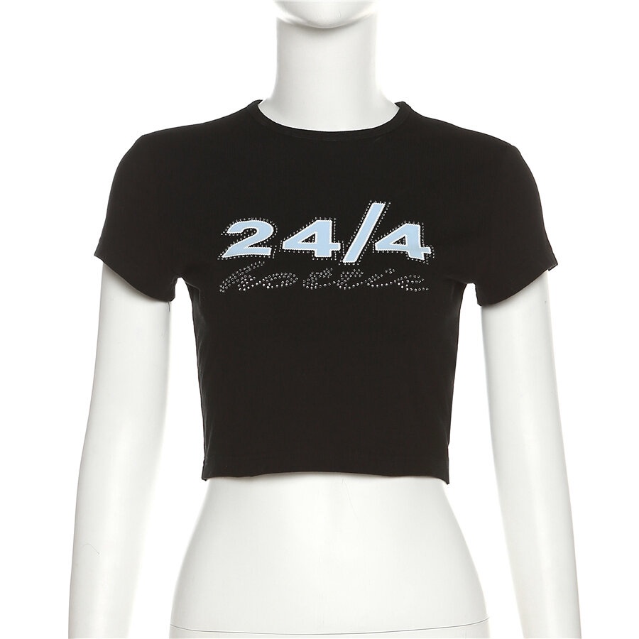 Áo Thun Lửng Ngắn Tay Đính Đá Phong Cách Đường Phố Thời Trang Cho Nữ