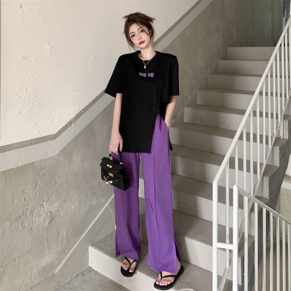 Set Áo Thun Đen Ngắn Tay Và Quần Dài Lưng Cao Xẻ Tà Phong Cách Hàn Quốc Thời Trang Mùa Hè Cho Nữ133248