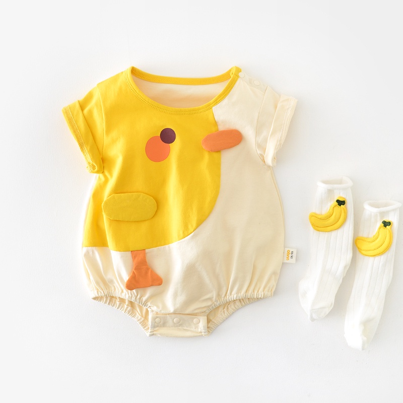 Bộ Áo Liền Quần Vải Cotton Tay Ngắn In Hình Vịt Dễ Thương Cho Bé Gái Sơ Sinh