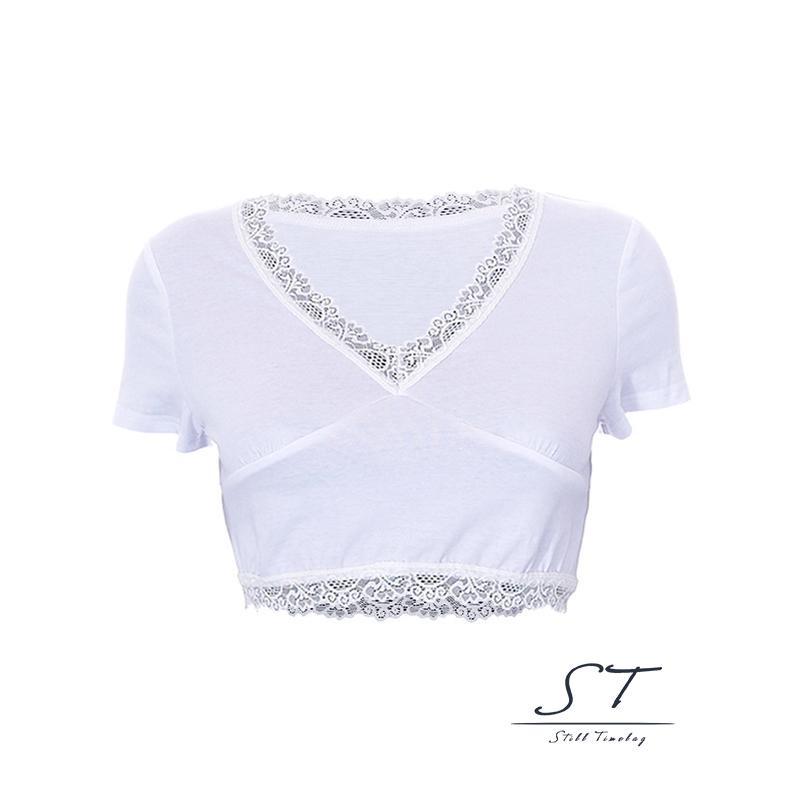 Áo Thun Tay Ngắn Cổ Chữ V Phối Ren Thời Trang Mùa Hè Cho Nữ