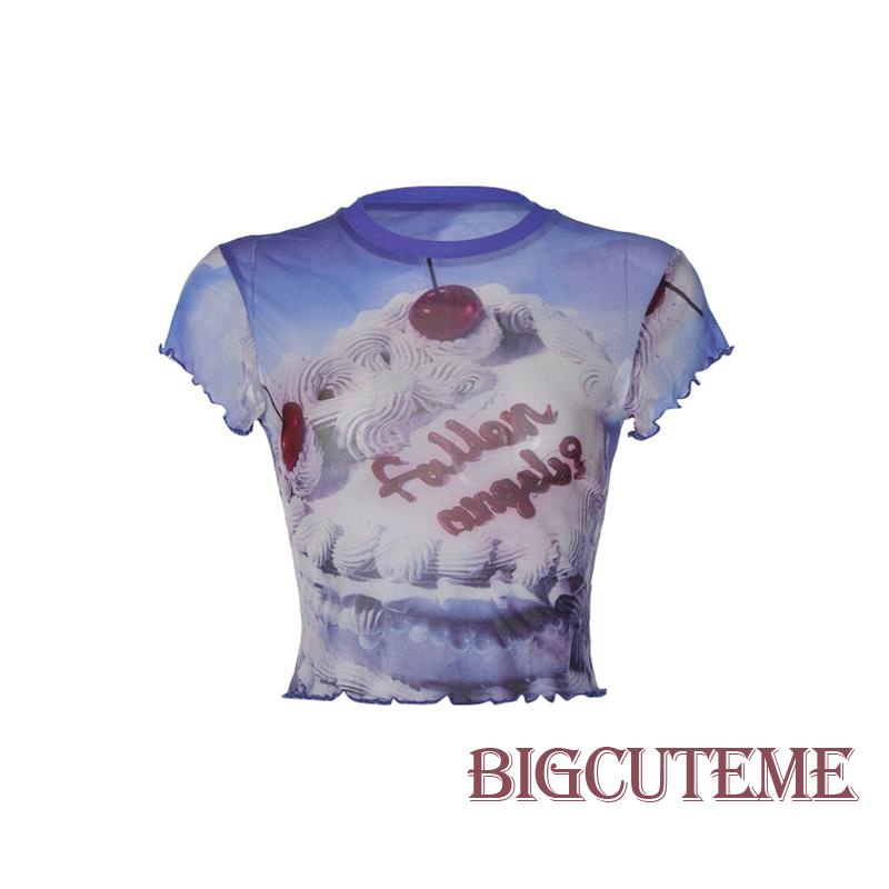 [] Áo Thun Lưới Tay Ngắn In Chữ Lettuce Trim Thời Trang Mùa Hè Dành Cho Nữ Đi Tiệc Đường Phố