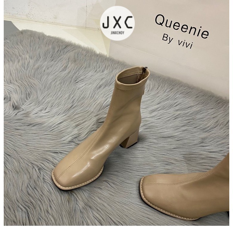 Giày bốt JINXCHOY cổ ngắn mũi vuông phối khóa kéo thời trang cho nữ