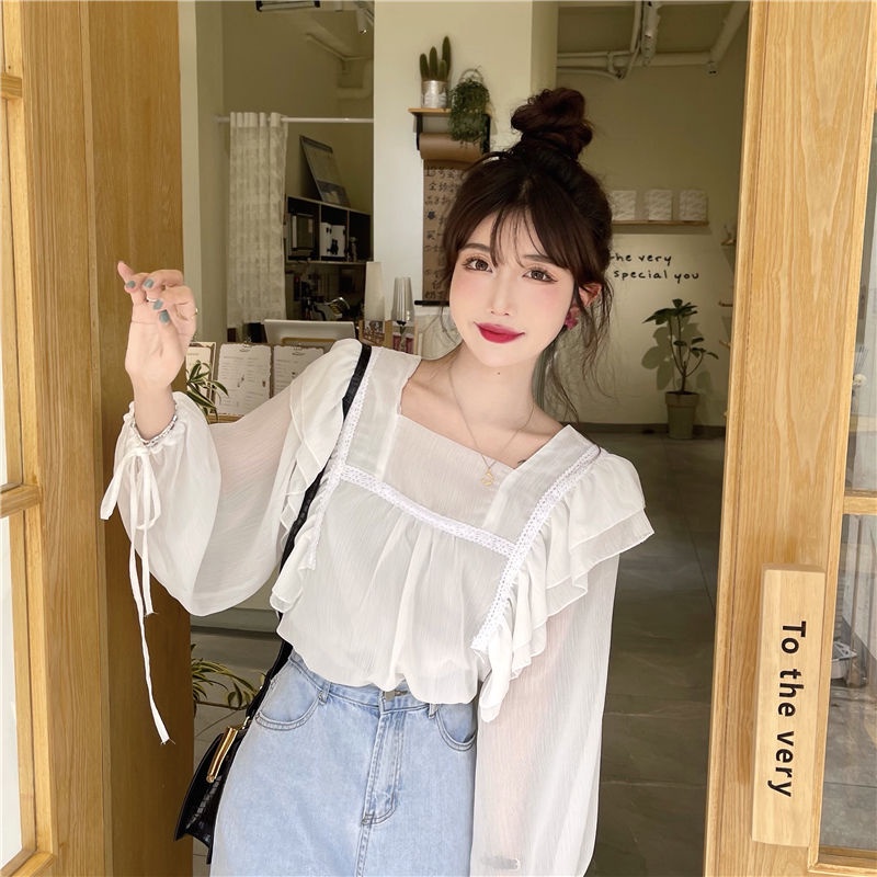 IELGY Áo Sơ Mi Dài Tay Cổ Vuông Phối Bèo Ngọt Ngào Thời Trang Cho Nữ