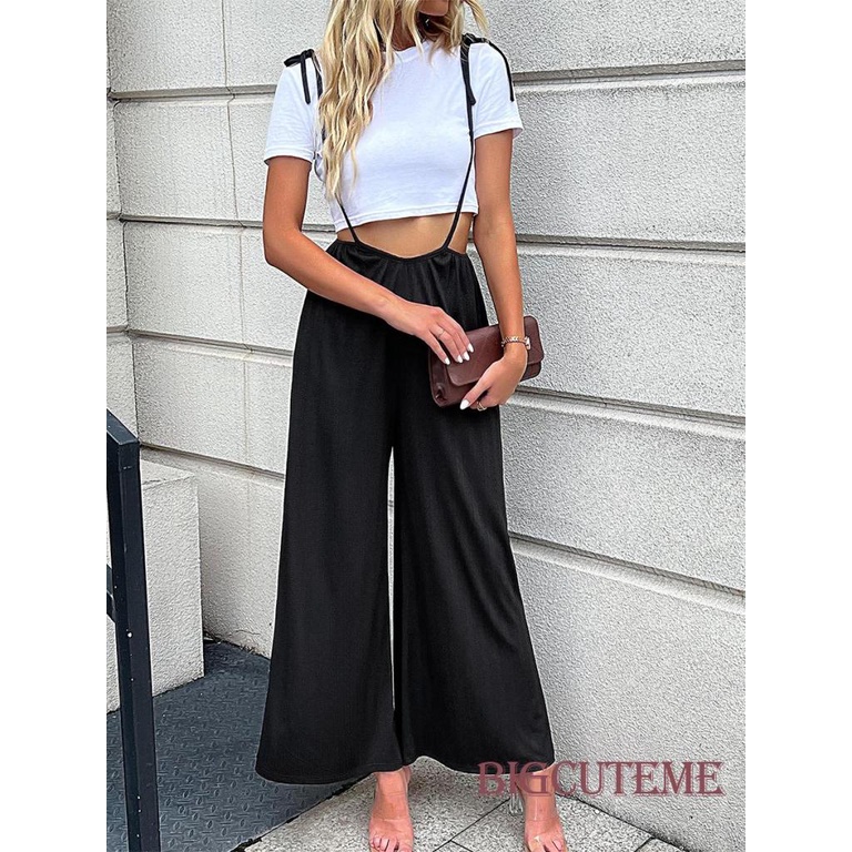 [] Quần Yếm Dài Ống Rộng Lưng Cao Không Tay Màu Đen Giản Dị Dành Cho Nữ