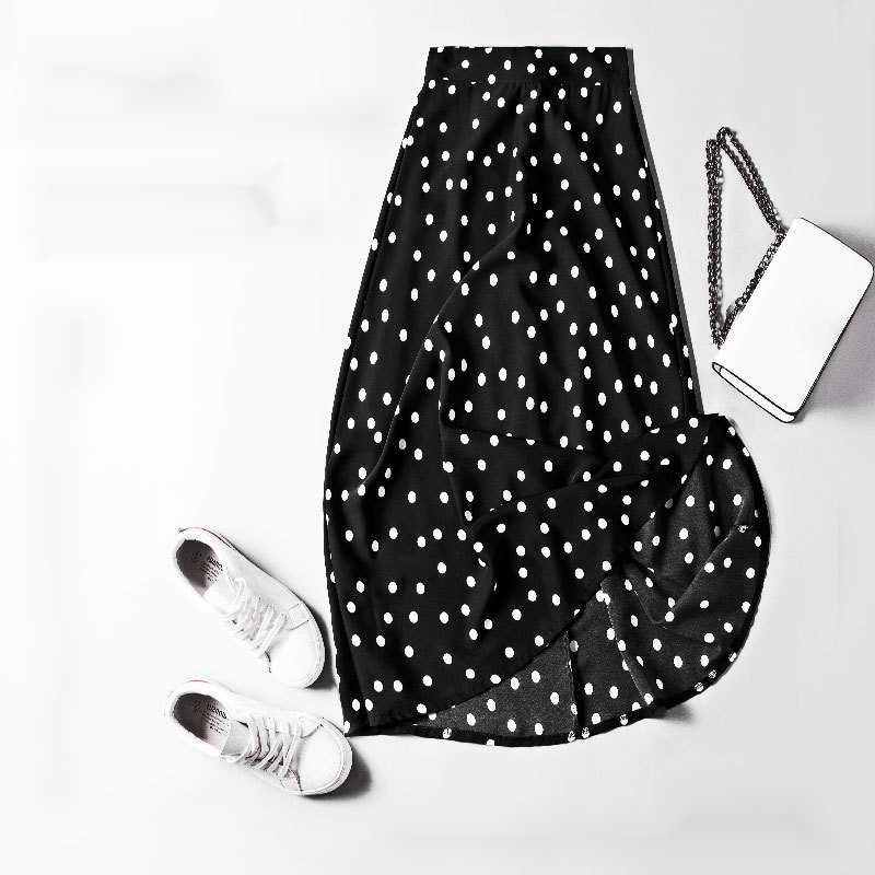 Chân Váy chiffon Chữ a Lưng Cao Dáng Dài Phối Khóa Kéo Họa Tiết Chấm Bi Màu Đen Tương Phản