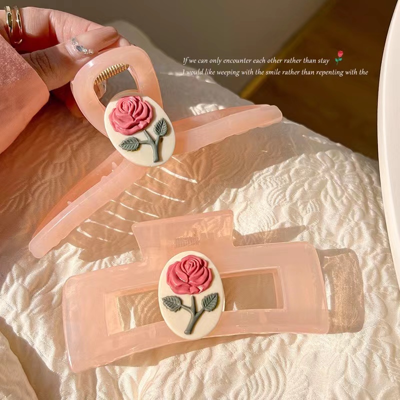 Kẹp Tóc Càng Cua Hình Vuông Lớn Bằng Acrylic In Họa Tiết Hoa Hồng Dễ Thương Cho Nữ