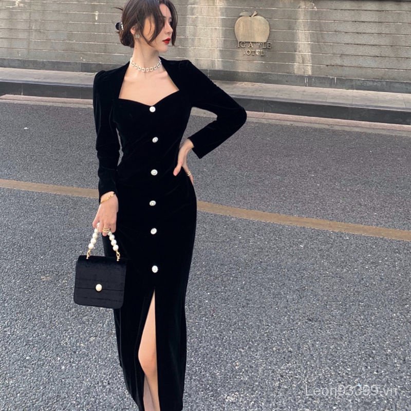 Đầm Nhung Dài Xẻ Tà Eo Hẹp Màu Đen Phong Cách Retro Mùa Thu 2021 Kiểu Pháp