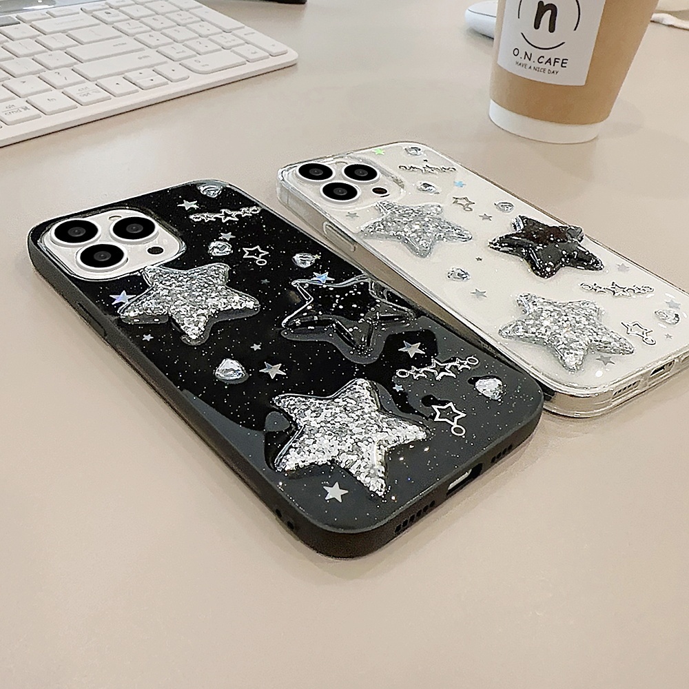 Ốp Điện Thoại TPU Mềm Chống Rơi Phối Bột Bạc Hình Ngôi Sao 3D Sang Trọng Cho IPhone 14 13 12 11 Pro Max X XR 8 7 Plus SE