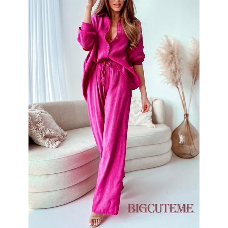 Set Đồ Mùa Xuân 2 Món Gồm Áo Sơ Mi Cổ Bẻ Tay Dài Cổ Bẻ Màu Trơn + Quần ống rộng Cho Nữ