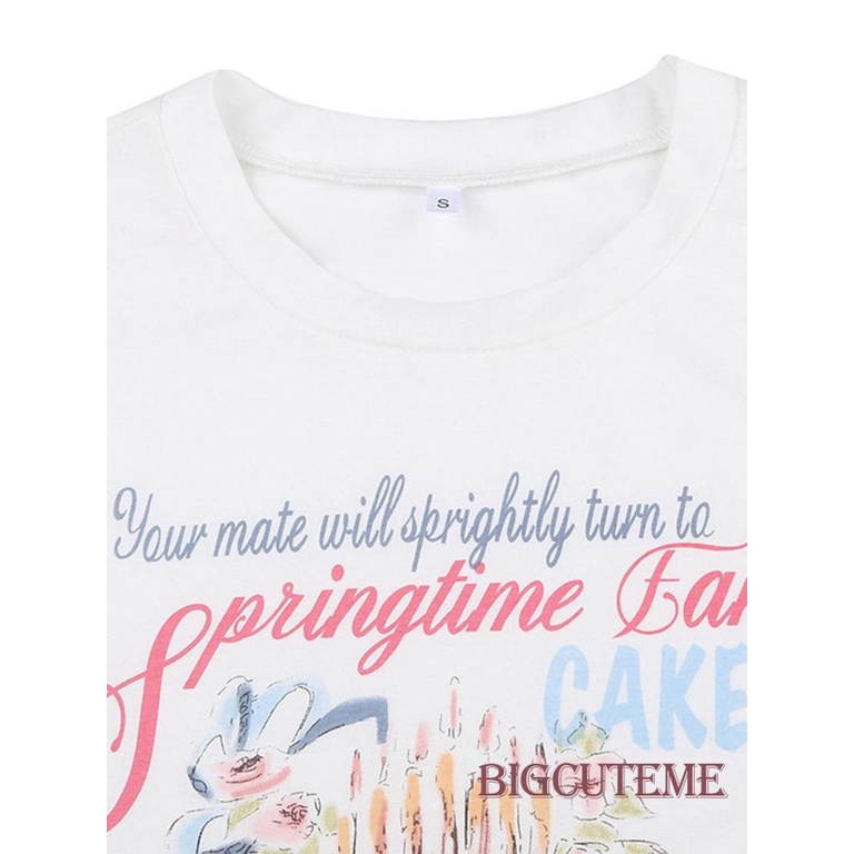 [] Áo Thun Crop Top Tay Ngắn Cổ Tròn In Hình Bánh Kem Và Chữ Cái Màu Trắng Cho Nữ