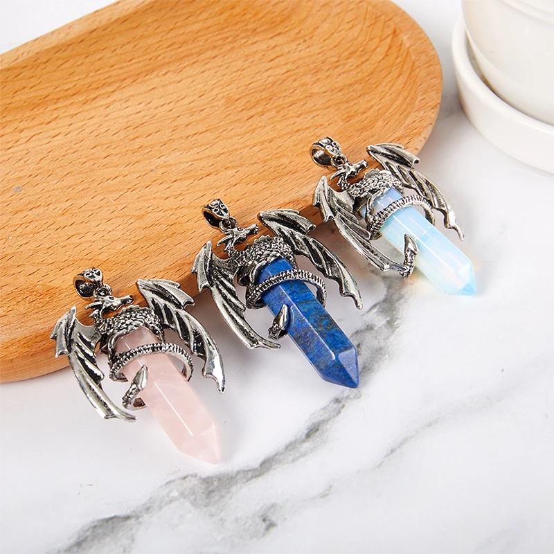 Vòng cổ Mặt Đá Lục Giác Hình Rồng Nhiều Màu Sắc Tự Nhiên Thời Trang Cho Nam Và Nữ