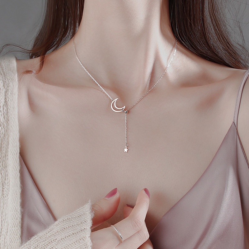 Vòng cổ Bạc 925 Mặt Hình Mặt Trăng Ngôi Sao Lấp Lánh Thời Trang Cho Nữ