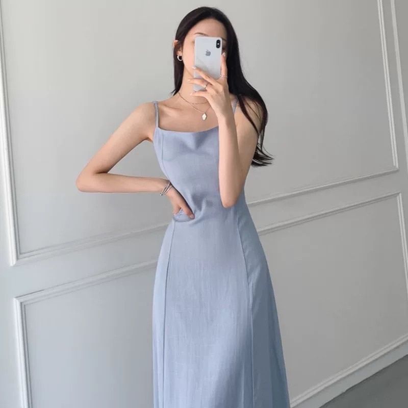 Đầm Hai Dây Dáng Dài Cột Dây Màu Đen / Xanh Dương Phong Cách Hàn Quốc Thời Trang Mùa Hè Xinh Xắn Cho Nữ