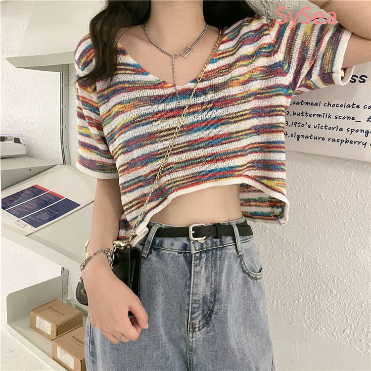 Áo Croptop Dệt Kim Kẻ Sọc Thời Trang Mùa Hè Cho Nữ