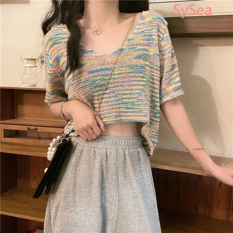 Áo Croptop Dệt Kim Kẻ Sọc Thời Trang Mùa Hè Cho Nữ
