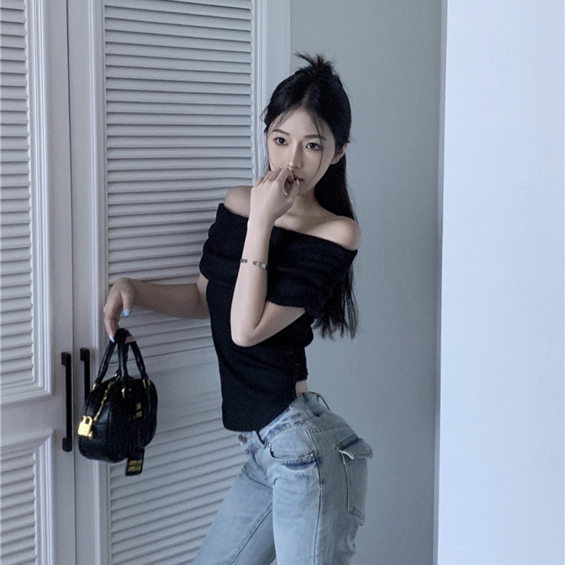 IELGY Áo sweater Dệt Kim Trễ Vai Tay Ngắn Màu Trắng Phong Cách Cổ Điển Thời Trang Cho Nữ