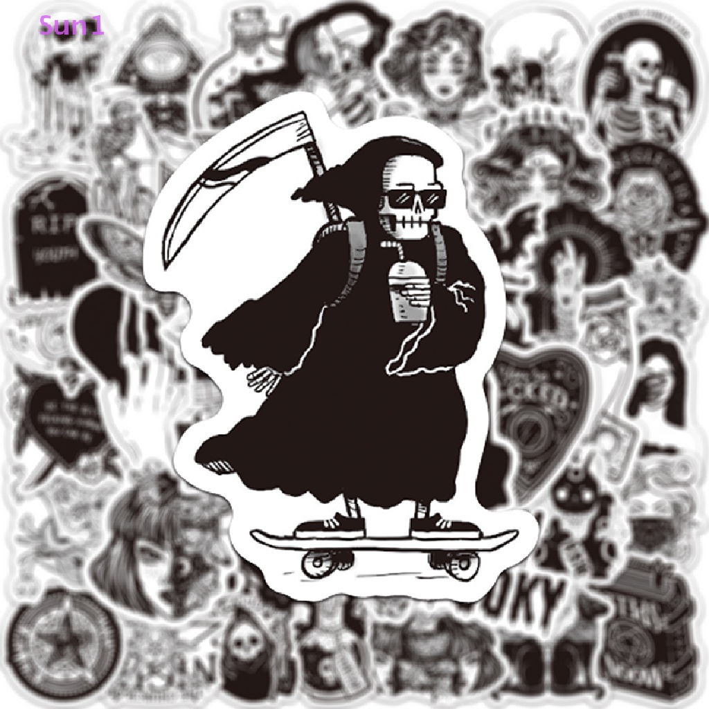 Set 50 Miếng Dán Hình Kinh Dị Màu Trắng Đen Chống Nước Trang Trí Laptop