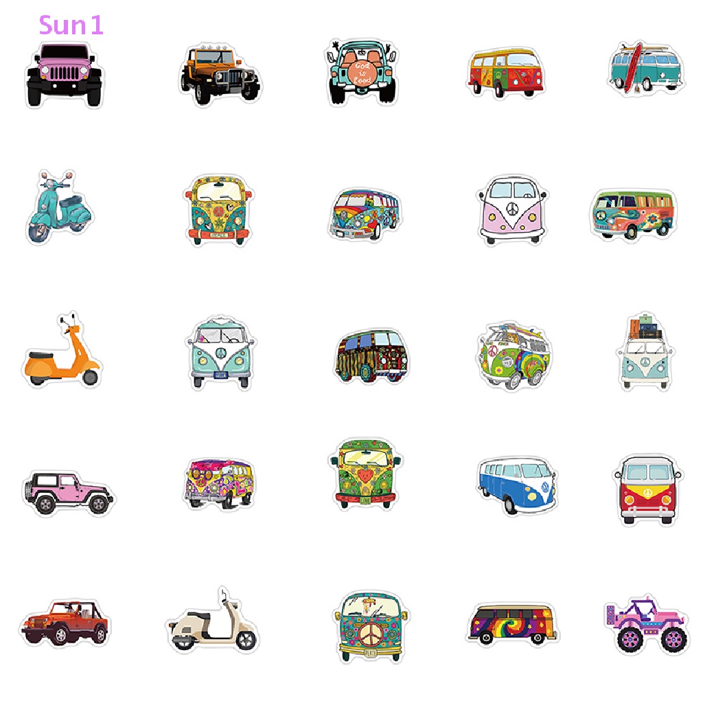 Sun1 > 50 Sticker Hình Xe Buýt Tình Yêu Và Hòa Bình Phong Cách Hippie Retro Dán Trang Trí Laptop Hành Lý