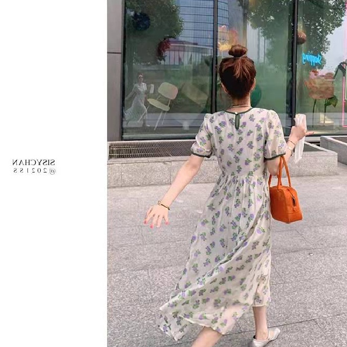 Đầm midi SUXI dáng chữ A tay ngắn in hoa thời trang mùa hè xinh xắn cho nữ