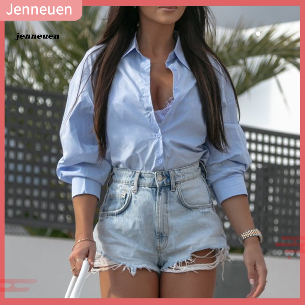 Jen Áo Sơ Mi Công Sở Dáng Rộng Cổ Chữ V Một Hàng Nút Màu Trơn Mặc Hàng Ngày Cho Nữ