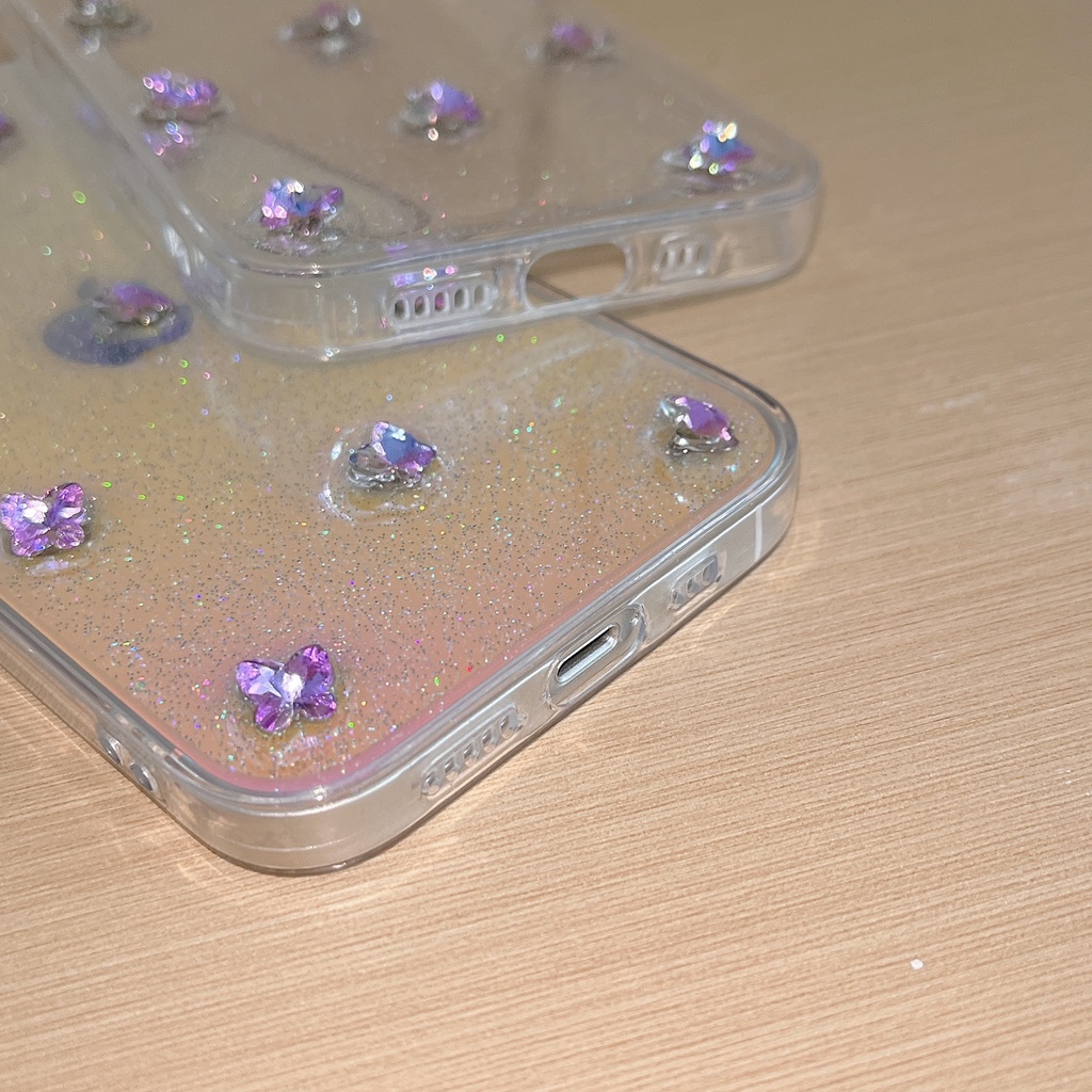 Ốp Điện Thoại TPU Silicon Mềm Trong Suốt Chống Sốc Phối Kim Tuyến Hình Bướm 3D Cho iPhone 14 Pro Max 13 12 11