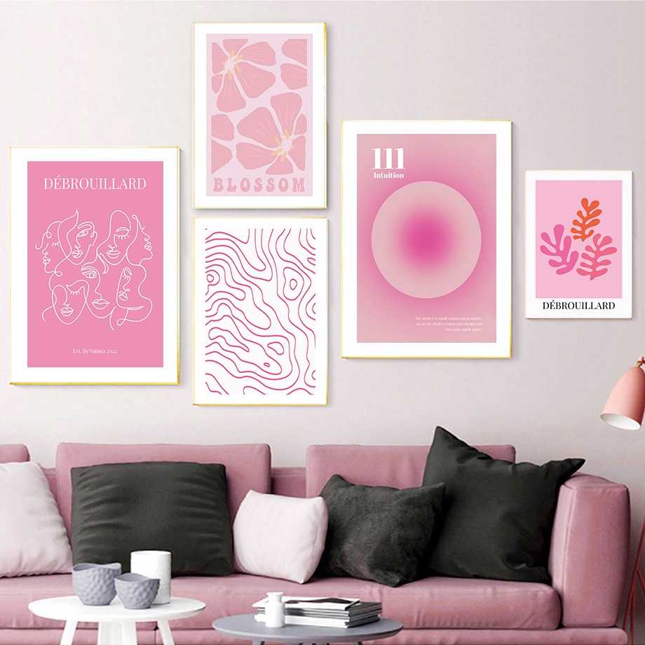 Tranh Vải Bạt Treo Tường In Hình Thiên Thần & Bướm & Chữ Số Màu Hồng Trang Trí Phòng Khách