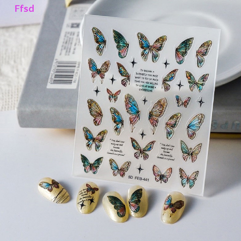 1 Tờ Sticker Dán Móng Tay Hình Bướm 5D Màu Gradient