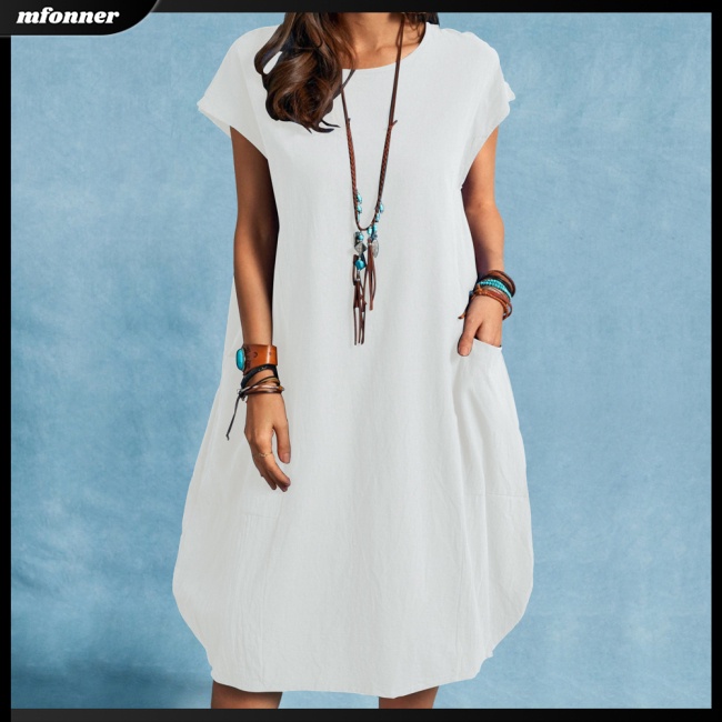 Đầm Midi Cotton Lanh Tay Ngắn Cổ Tròn Màu Sắc Đơn Giản Dành Cho Nữ
