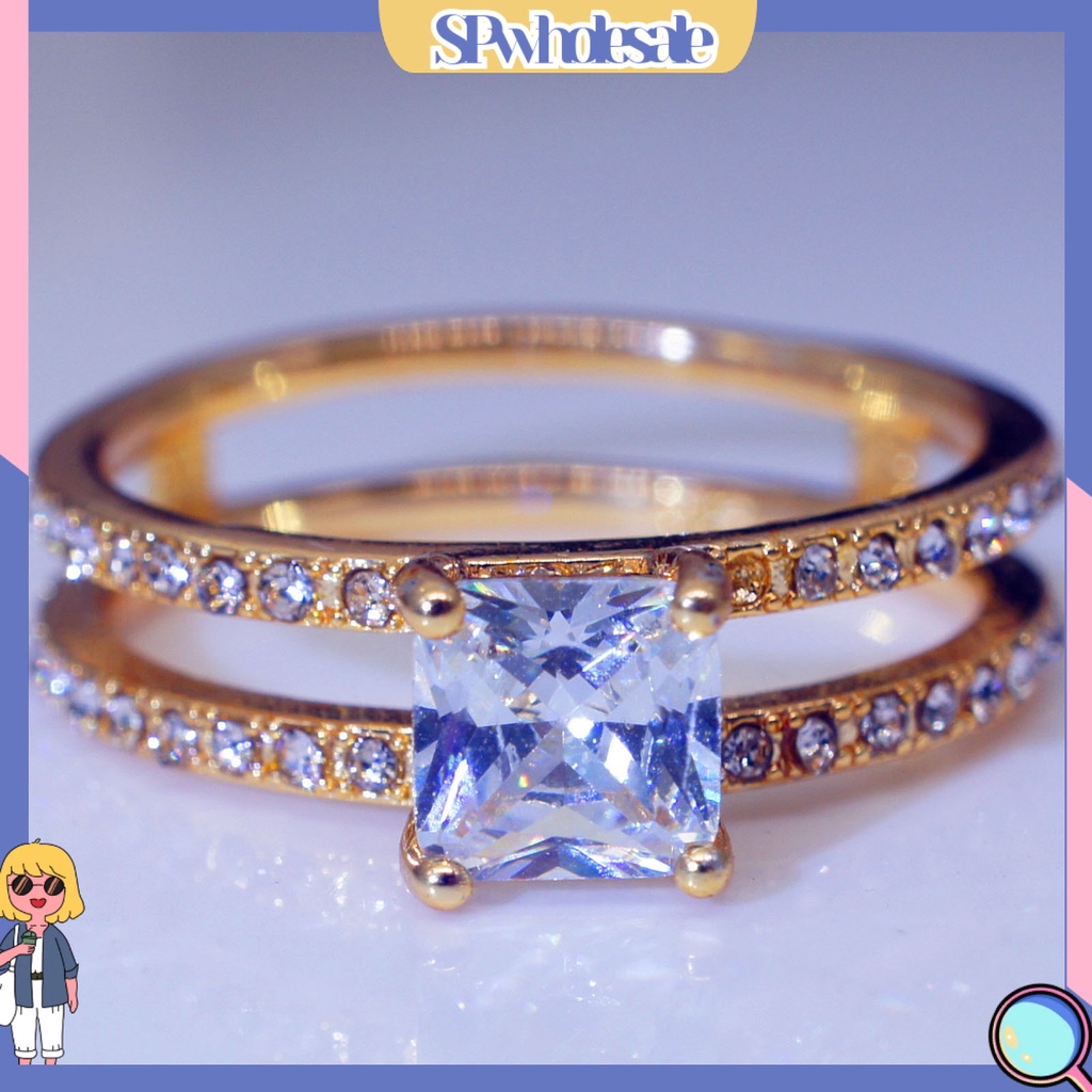 &lt;SPwholesale&gt; Nhẫn Cưới Hai Lớp Mặt Vuông Đính Đá Tinh Tế Thời Trang Cho Nữ