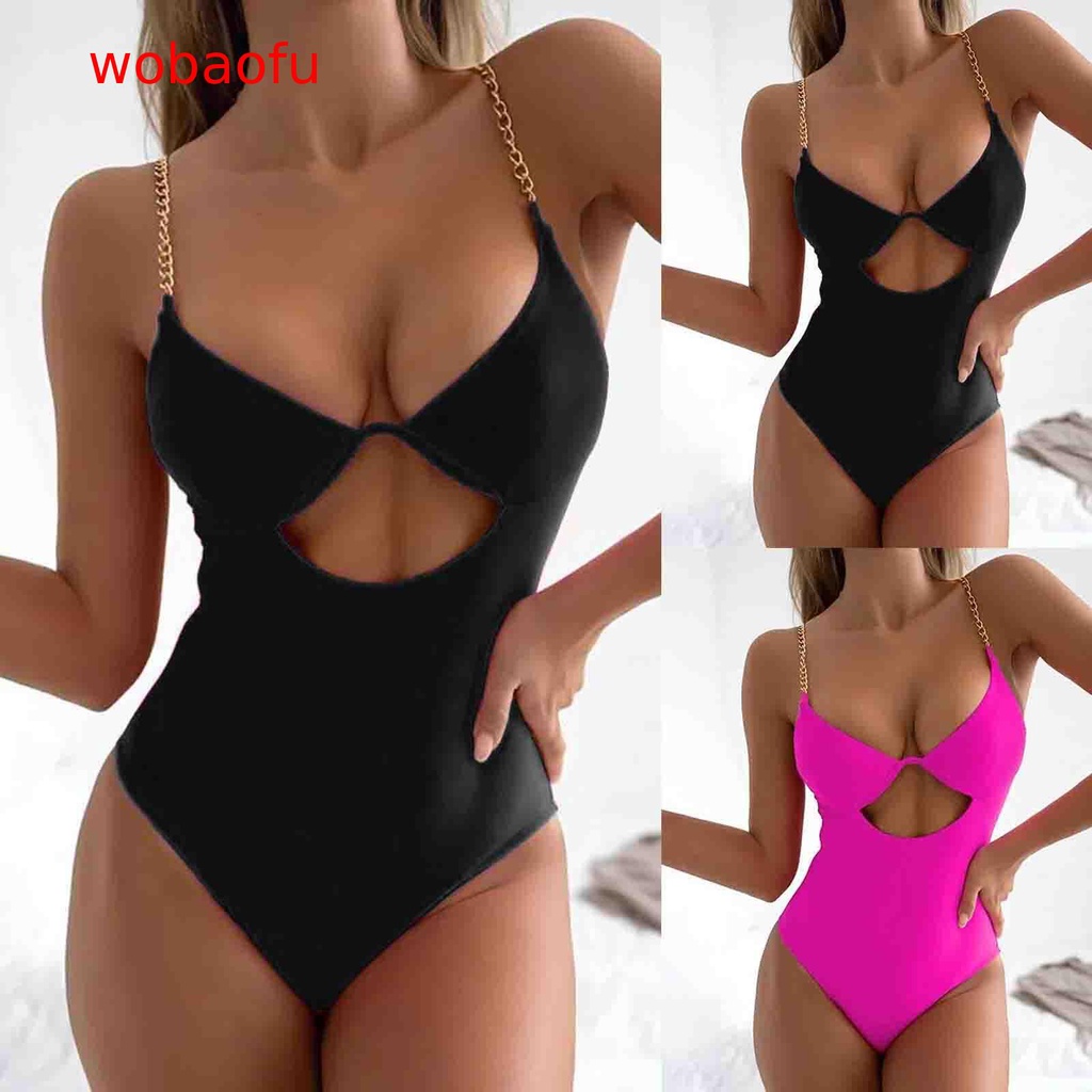 Bikini Phối Dây Xích Đeo Vai Màu Trơn Lưng Cao Co Giãn Gợi Cảm Cho Nữ