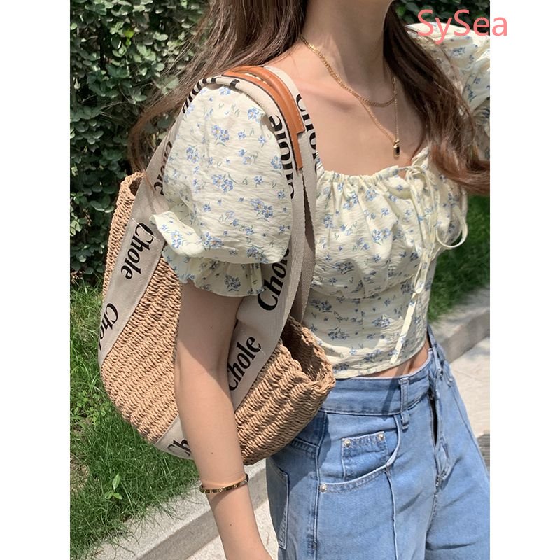 Áo Kiểu Tay Phồng Cổ Vuông Họa Tiết Hoa Phong Cách Pháp