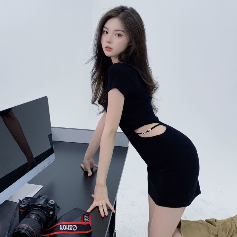 COZOK Đầm Tay Ngắn Dáng Ôm Thiết Kế Khoét Lỗ Thời Trang Quyến Rũ Cho Nữ