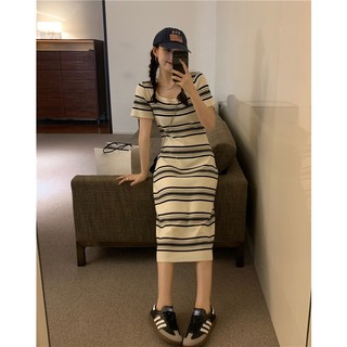 Sọc ngắn tay áo dệt kim đầm mùa hè lỏng lẻo giản dị nhẹ nhàng gió dài váy  hka049